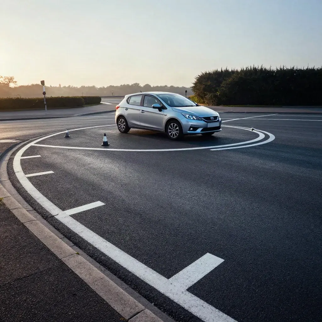 Learner car easing toward a mini-roundabout with cones and fresh markings in cool morning haze