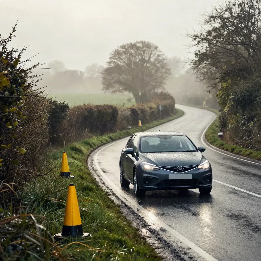 Learner hatchback curves through a misty Surrey lane beside yellow cones after rain