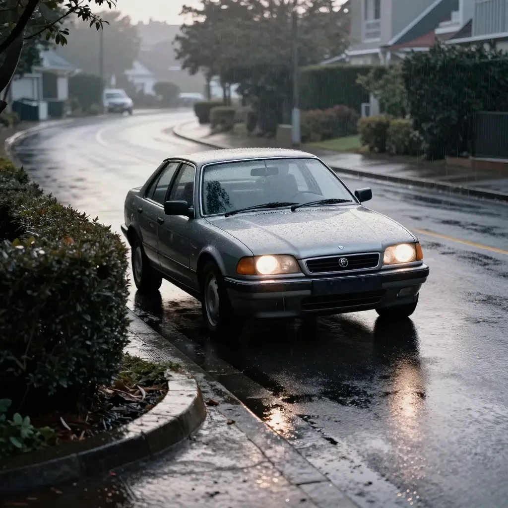 Automatic learner car on a rainy residential curve, headlights glowing against a dark hedge.