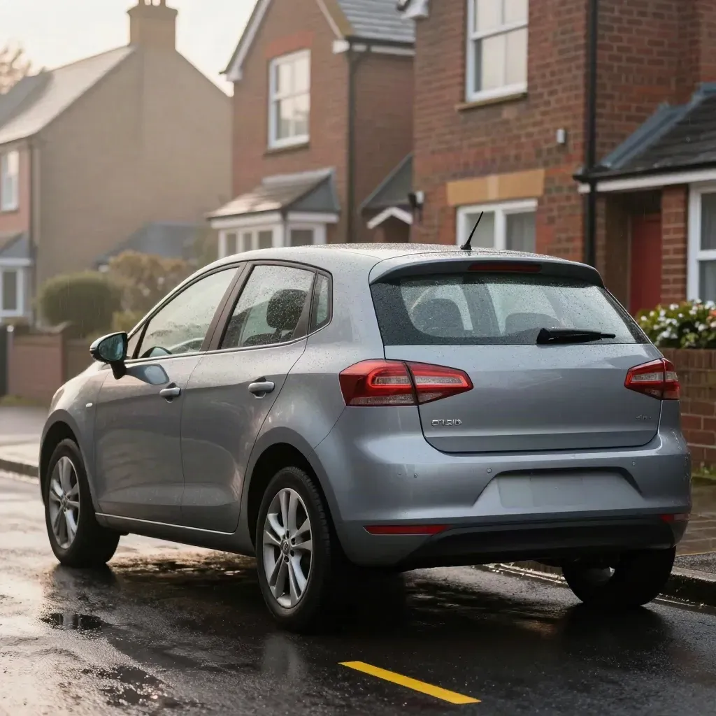 Rear three-quarter family car in a damp residential bay, child seat faintly visible, morning drizzle.