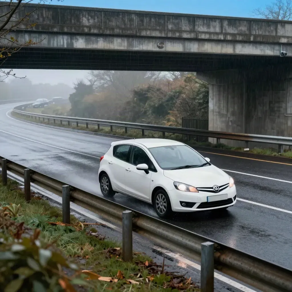 White car merging on a wet Surrey slip-road under an overpass in rain haze