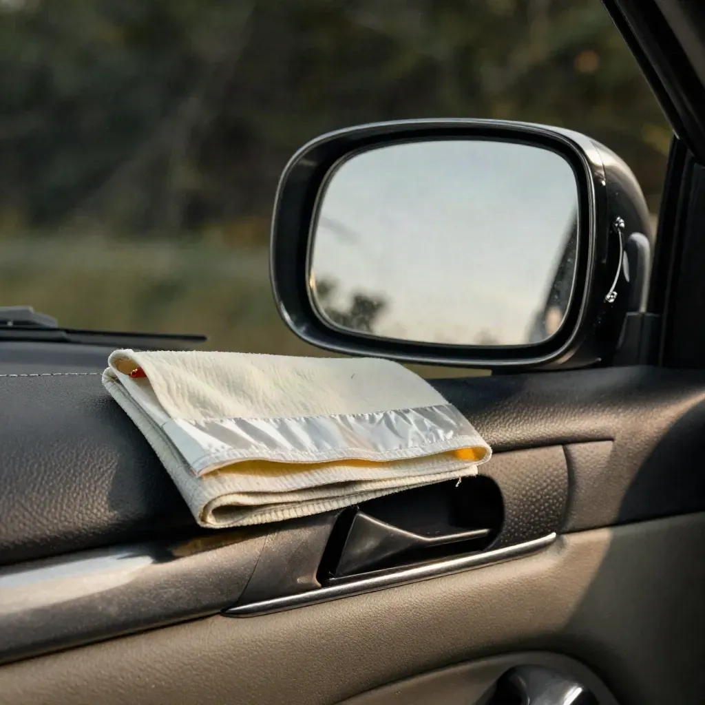 Rear-view and blind-spot mirrors with folded high-vis cloth in a car door pocket.