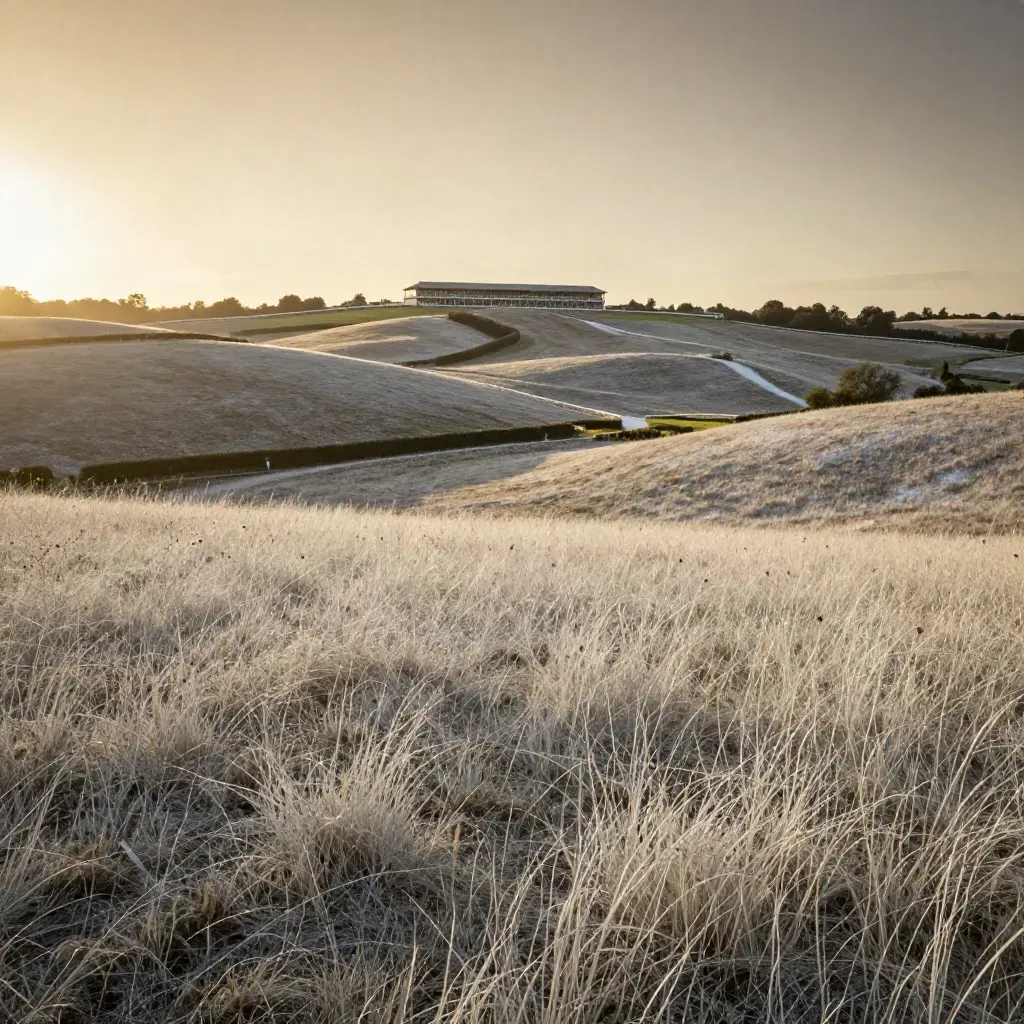 Golden Epsom Downs chalk slopes with distant racecourse grandstand at sunset.