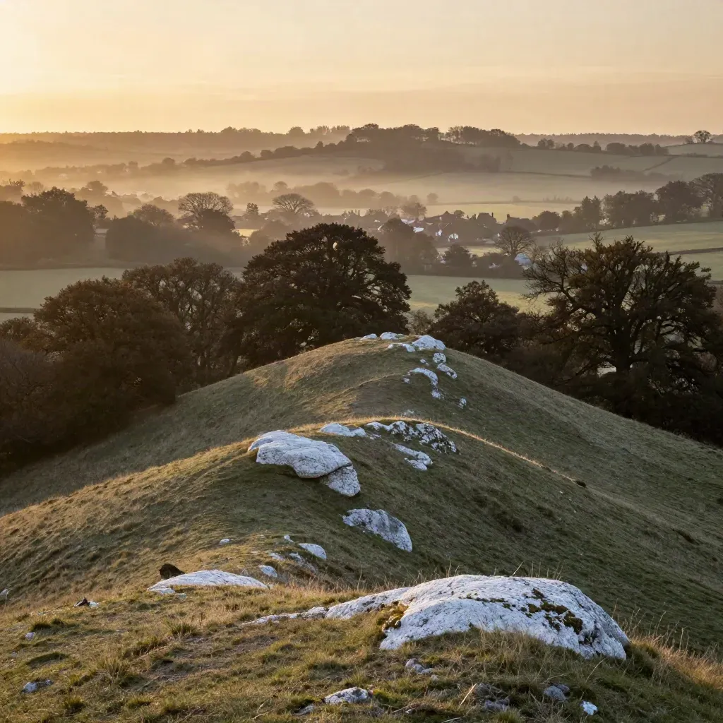 Reigate Hill above misty wooded valley at sunset, open calm foreground for copy